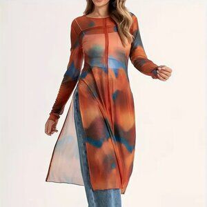 Red Orange Split Hem Tie Dye Overlay Top